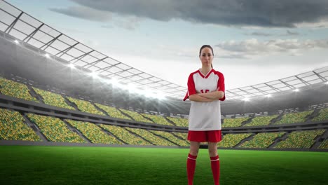 animation of caucasian female soccer player over stadium