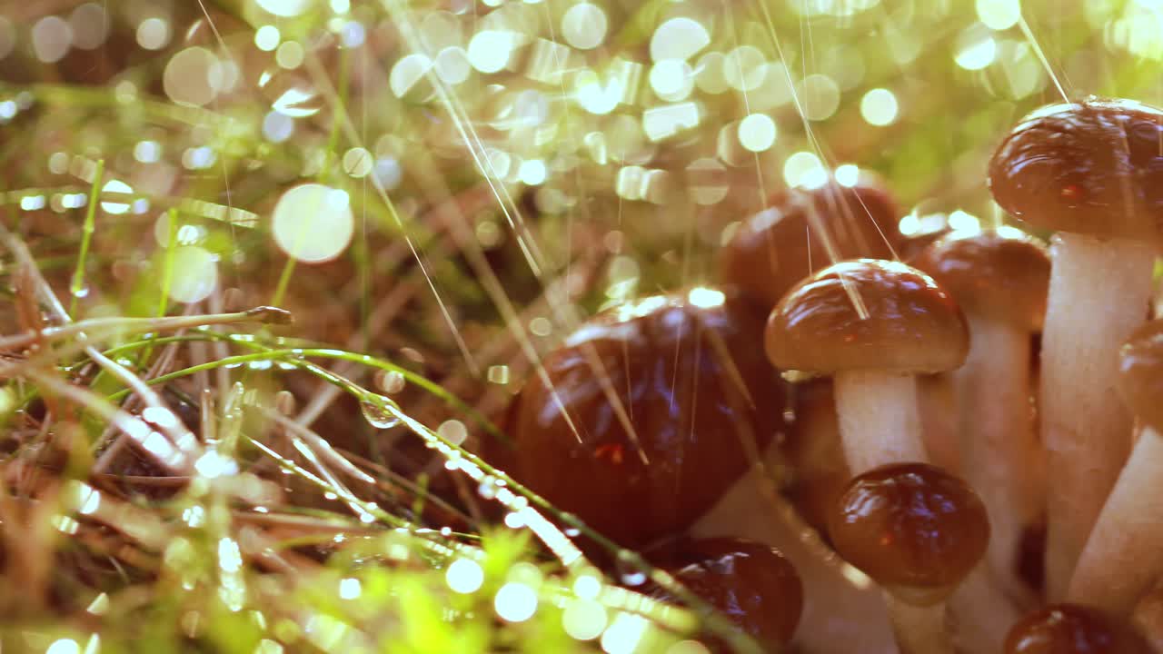 Опята (Armillaria) в солнечном дождливом лесу