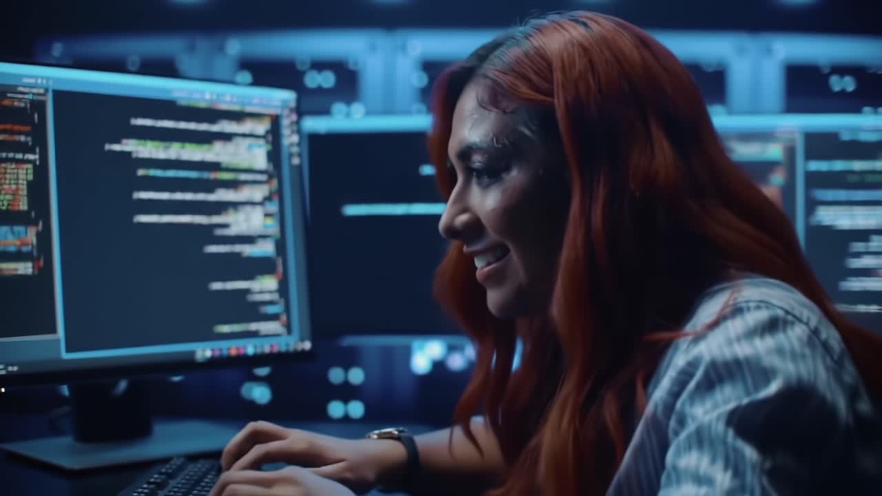 An Intense Programmer Focused on Coding in a High-Tech Environment, Surrounded by Multiple Screens Displaying Complex Code and Data Analysis