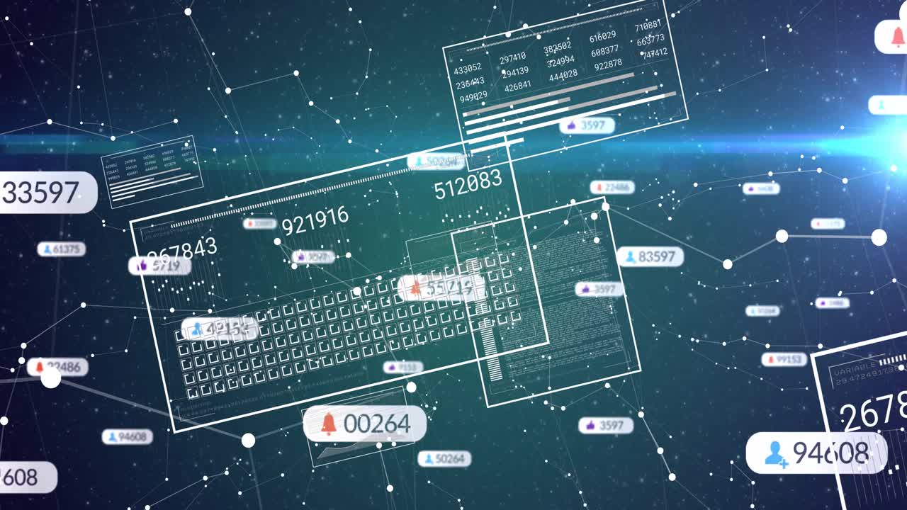 Interface opening on teal node field, panels drifting while grid emerging and modules updating