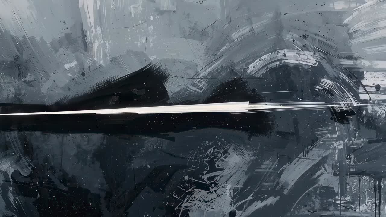 Shifting studio light showing bright streak moving across mural with semicircle arc and drips