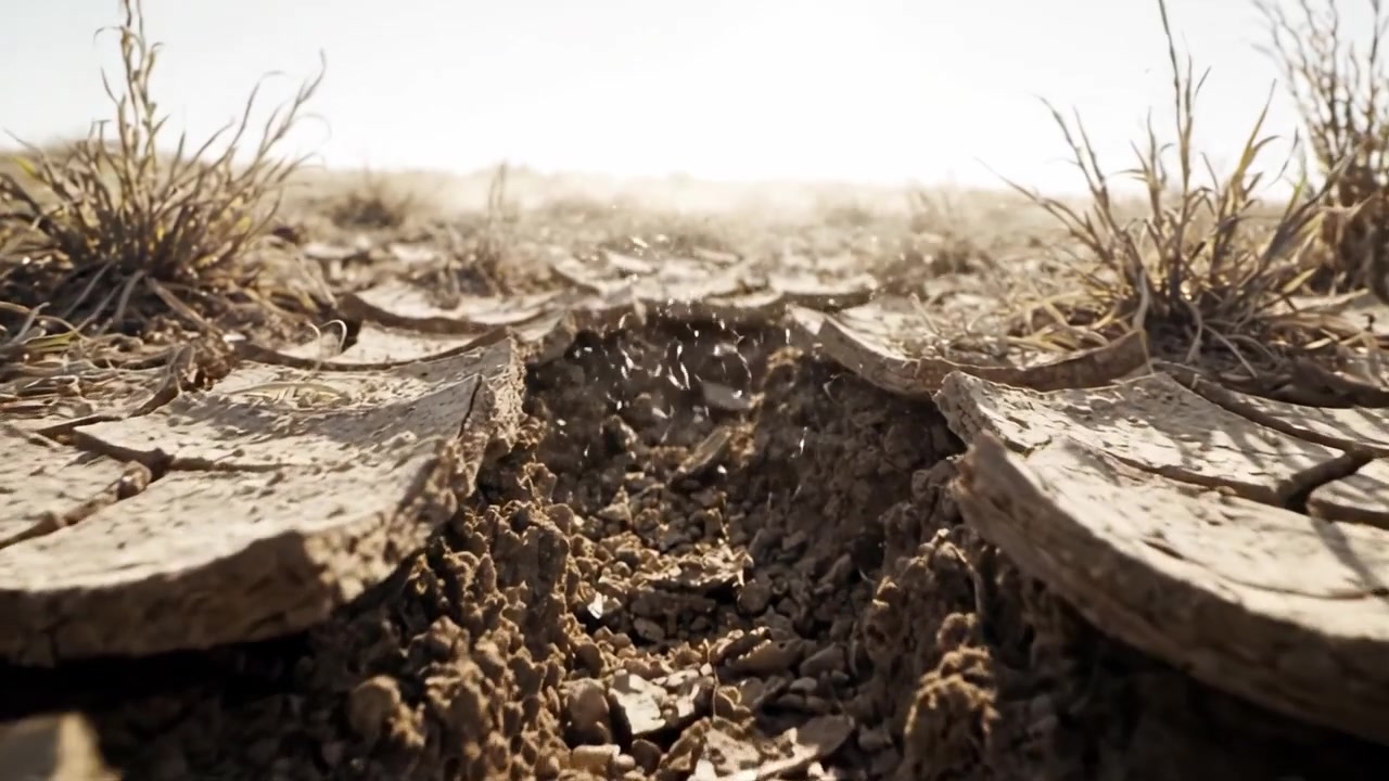 A Harsh Landscape: The Striking Transformation of a Dry, Cracked Earth Under Harsh Sunlight and Sparse Vegetation in a Parched Environment