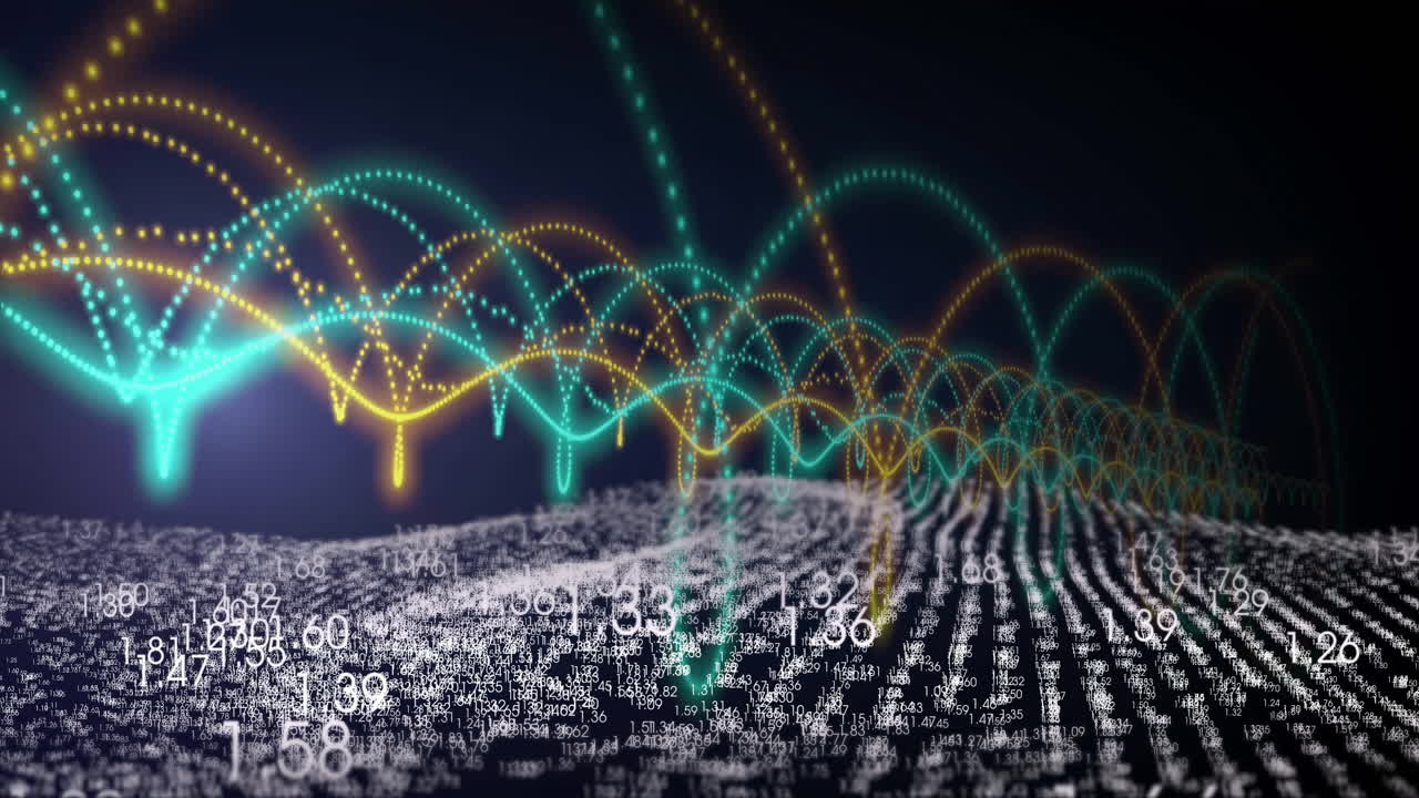 Animating colorful data waves over numerical data landscape in vibrant display
