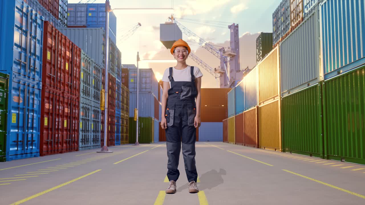 cuerpo lleno de mujer asiática trabajadora con gafas de protección y casco de seguridad de pie y sonriendo a la cámara en el depósito de contenedores