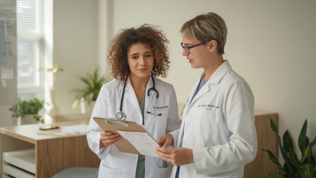 Un medico indica un grafico sulla destra mentre un altro medico sulla sinistra esamina una cartella clinica in ambulatorio e indossa un camice da laboratorio