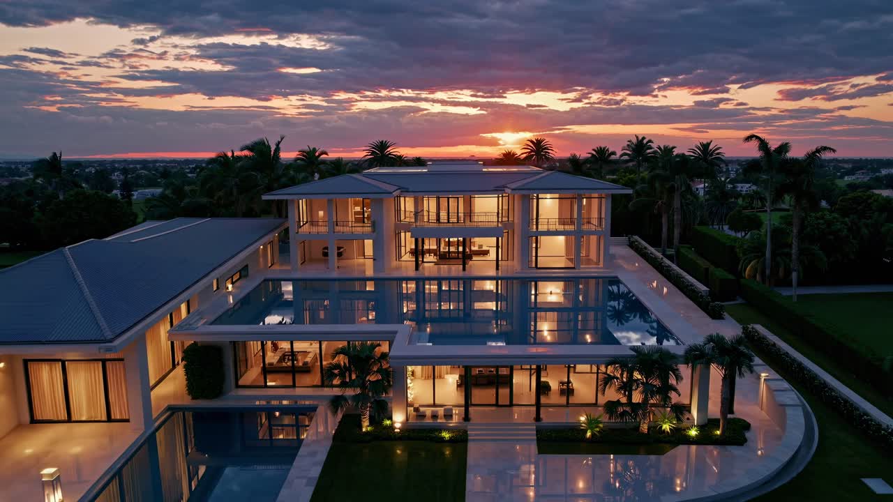 Aerial video captures a luxurious modern mansion at sunset, highlighting sleek architecture