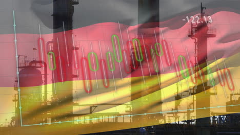 Animation-of-red-diagram,-data-processing-and-flag-of-germany-over-factory