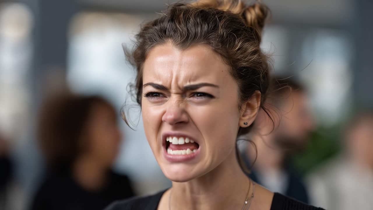 Intense Emotional Outburst Captured: A Woman Expresses Anger with Passionate Shouting in a Crowd Environment, Highlighting Strong Feelings and Raw Energy