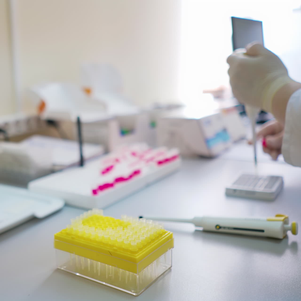 Test tubes on the table in the laboratory. Medical worker in sterile gloves conducts experiments with samples in clinic. Healthcare concept.