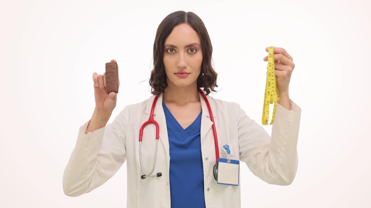 Woman doctor rejects chocolate showing measuring tape choice
