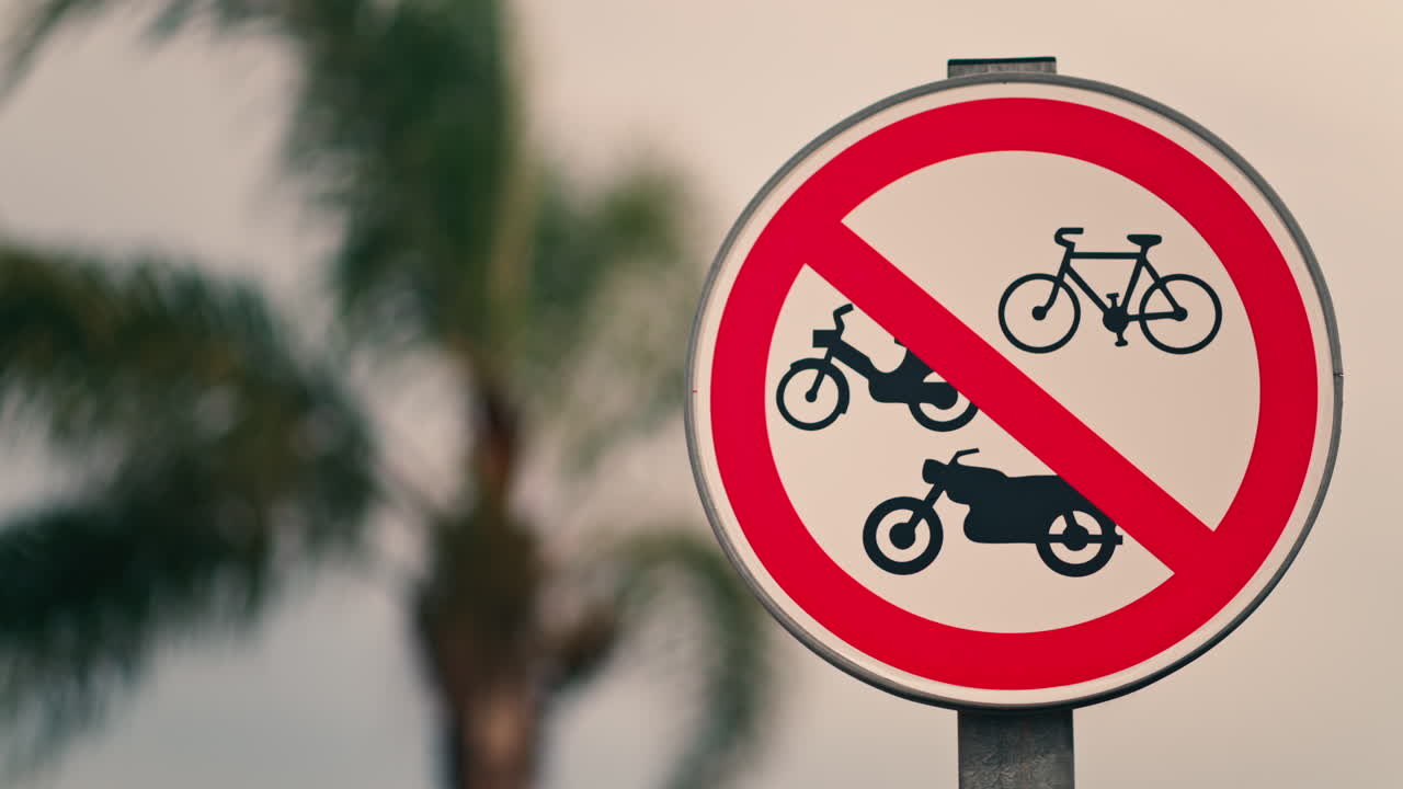No bicycles allowed sign with a blurred background of a palm tree