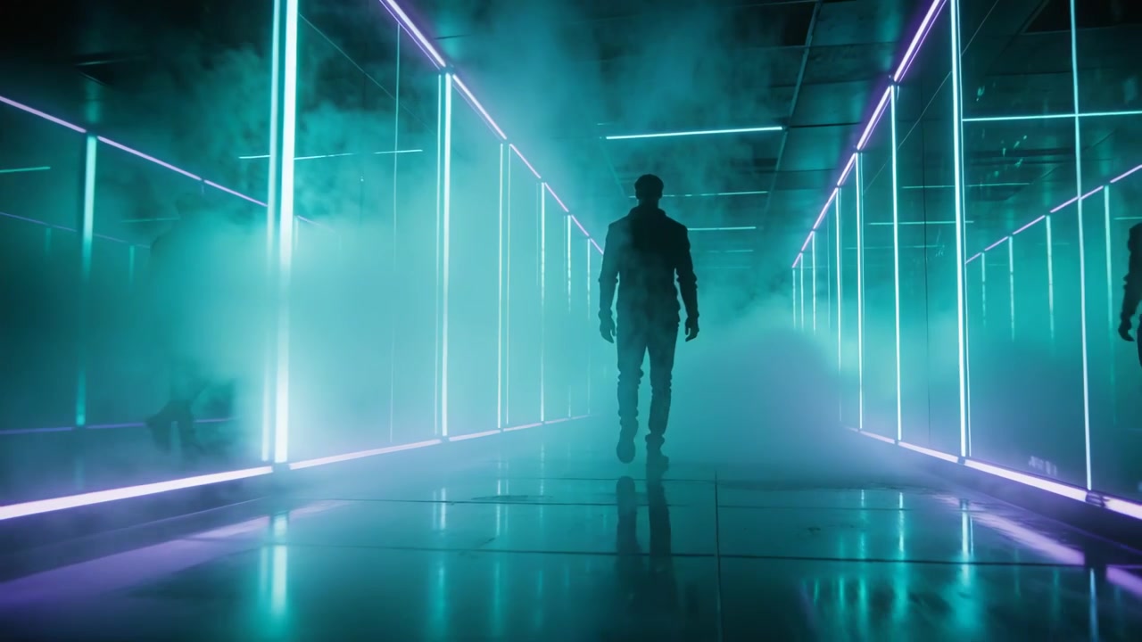 Figura di uomo che avanza in cappotto scuro, camminando lungo un corridoio a specchio, con foschia che sale tra neon verde acqua e magenta.