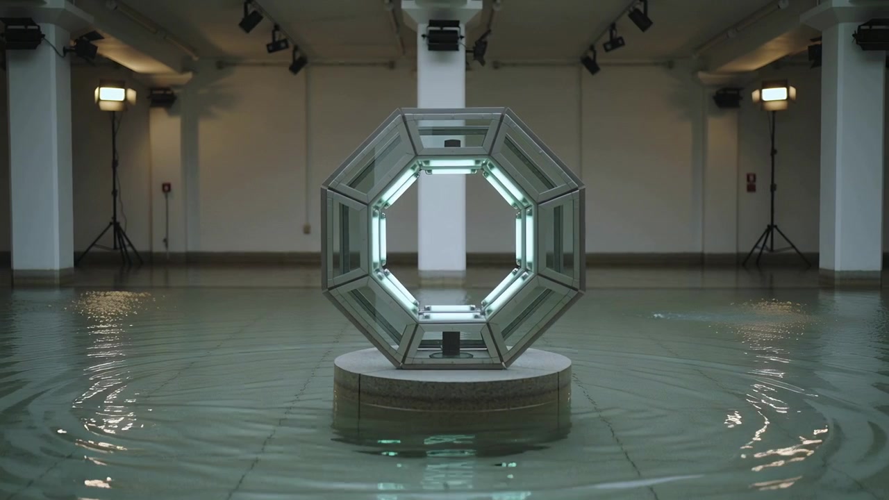 Shifting camera centering on lit octagonal sculpture in gallery hall, ripples starting near sensor