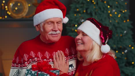 Senior-couple-family-in-Santa-Claus-hats-celebrating-Christmas-looking-at-camera-and-hugging-at-home