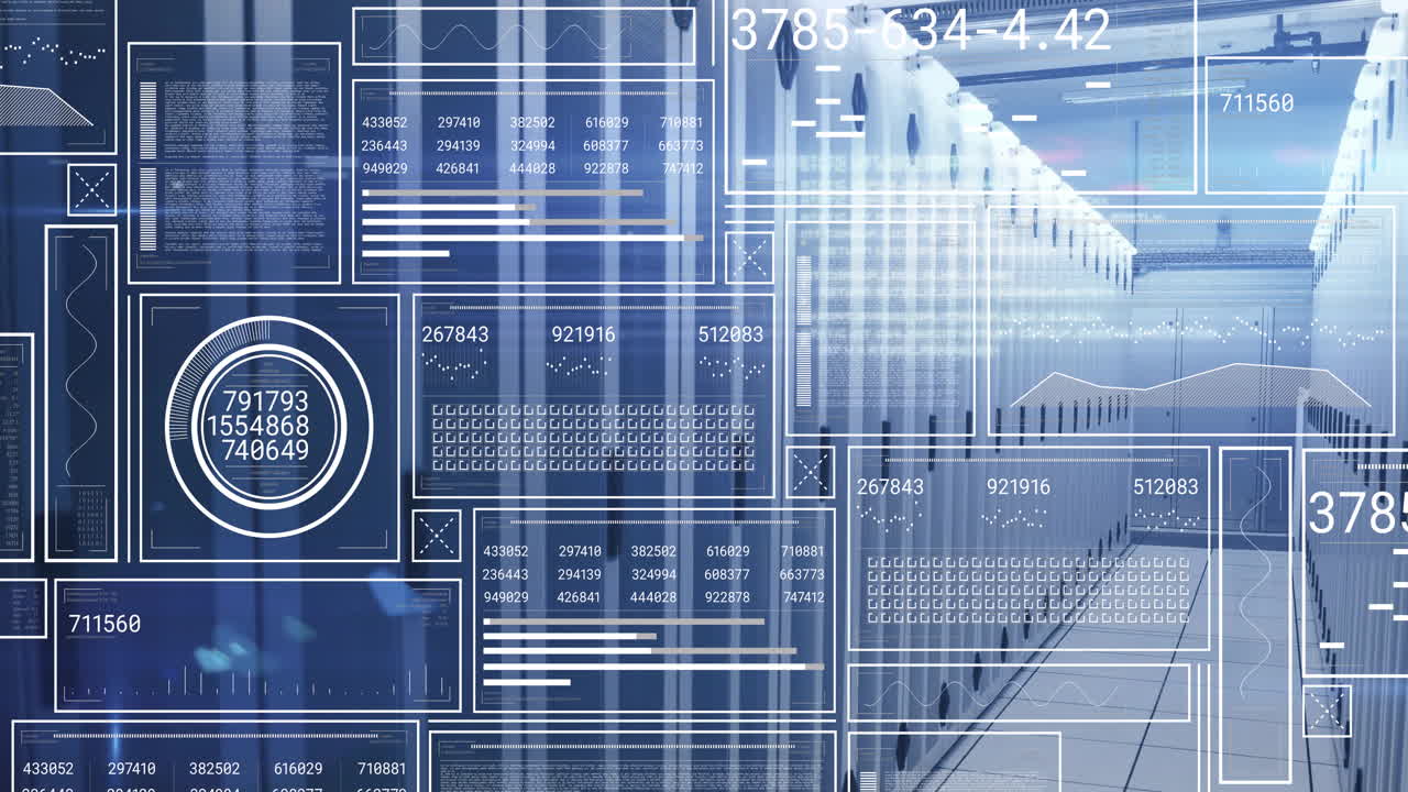 Digital data processing animation over servers in modern data center
