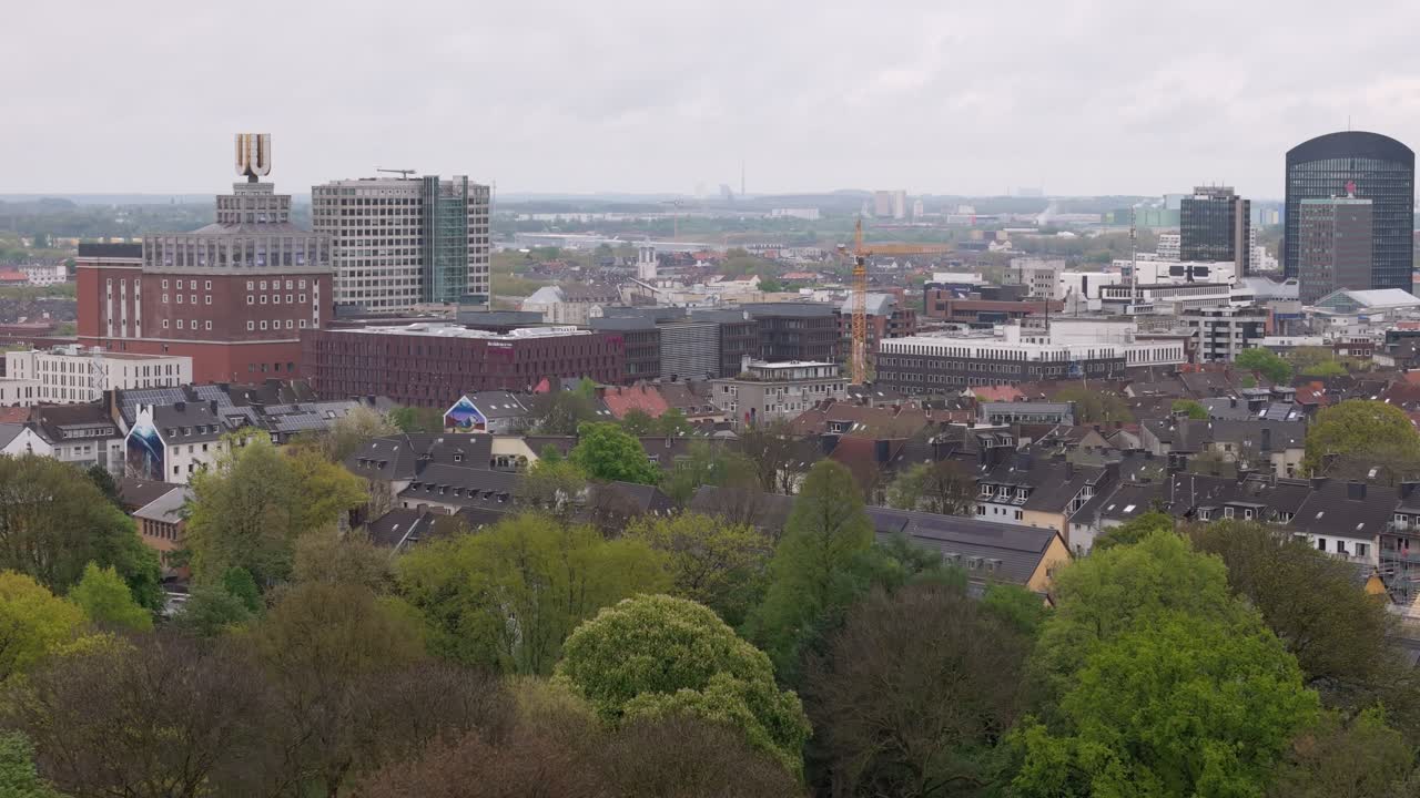 Aerial drone cityscape of Dortmund, big German city from Westpark. Streets and iconic buildings.