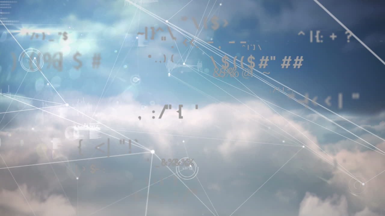 아이콘과 하늘 위의 데이터 처리와 연결 네트워크의 애니메이션