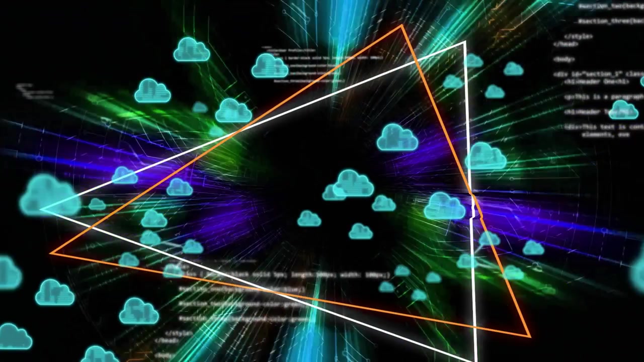 Neon streaks pulsing, driving wireframe rotating and cyan clouds drifting through showing flow