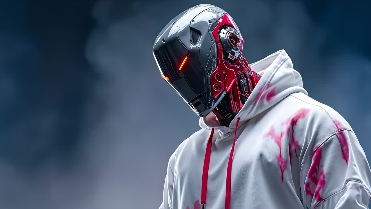 A man in a white hoodie with a red and black helmet on