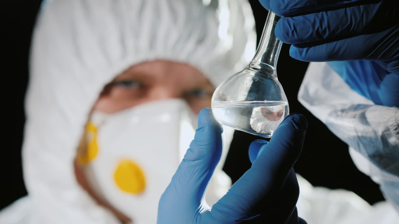 un hombre con traje protector y un respirador examina un matraz 2