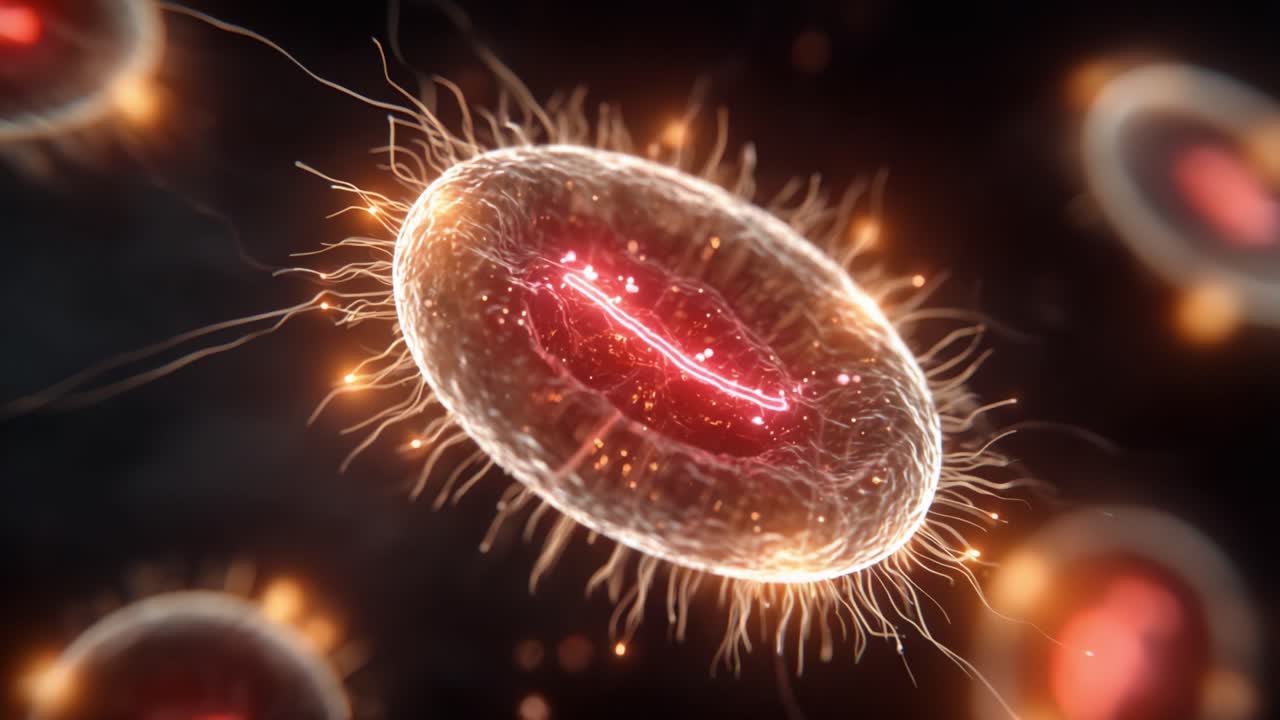 Un Viaggio Affascinante nel Mondo degli Organismi Microscopici: Primo Piano Accattivante di Cellule Bioluminescenti con Dettagli Intricati e una Vibrante Palette di Colori