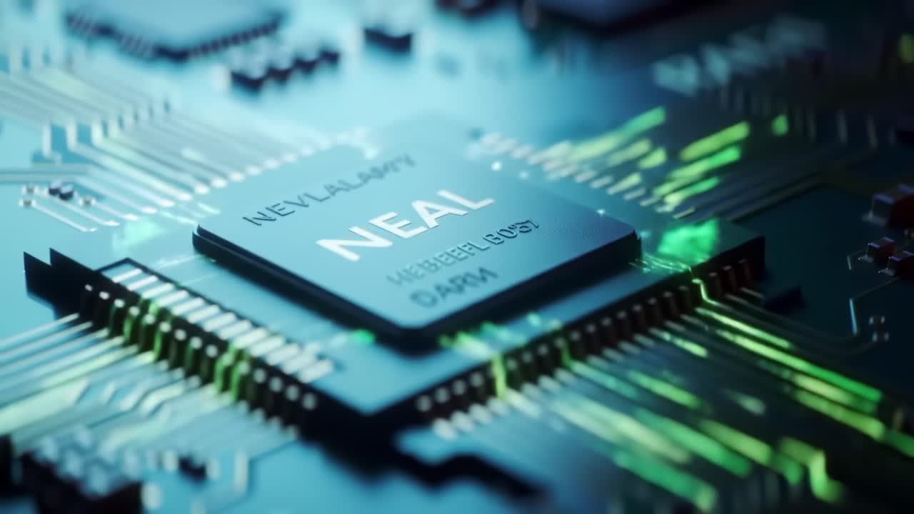 Detailed view of a modern computer chip showcasing circuits and technology. This clip highlights the intricacies of semiconductor development and its significance in tech advancements.