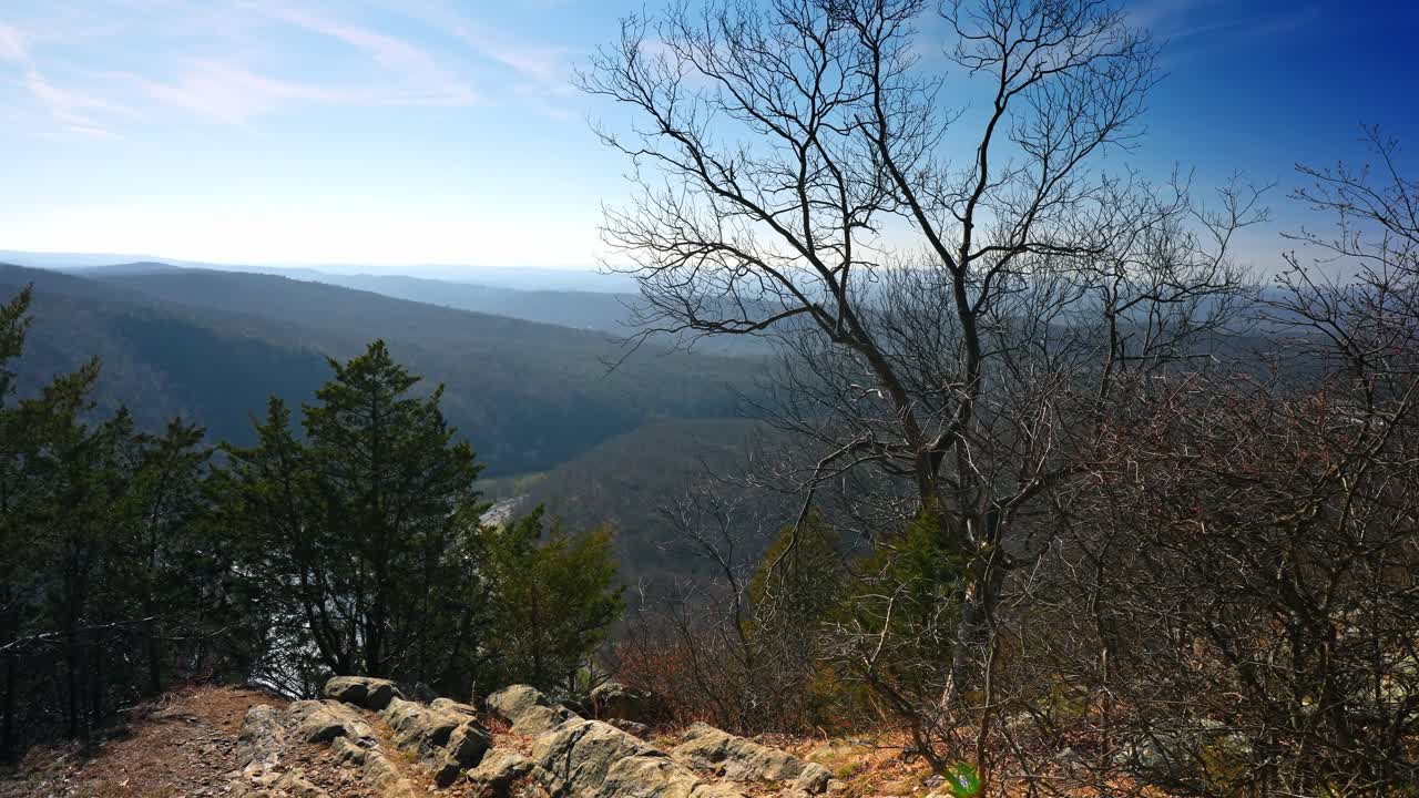Bred panoramaudsigt over Delaware Water Gap fra bjerget. Nøgne træer i forgrunden med stor dal og bølgende bakker under blå himmel ved Mount Tammany-stien.