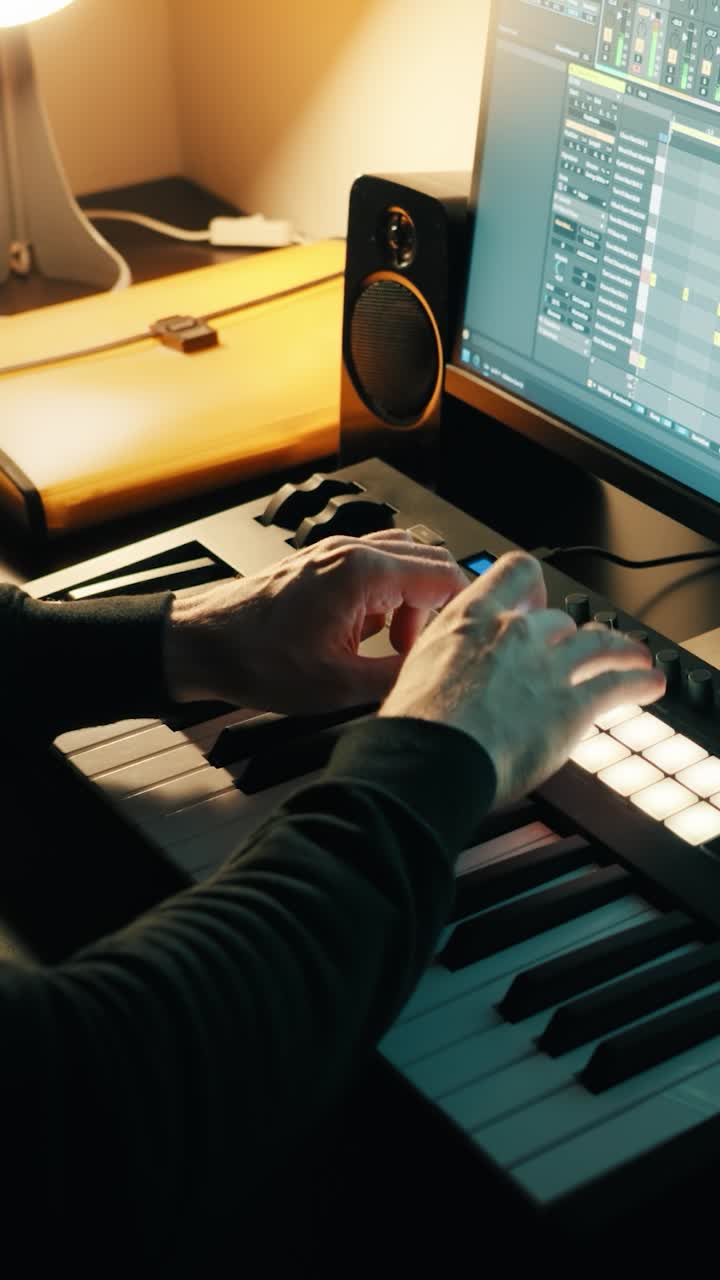 Music production. Man finger drumming on the drum pads of a MIDI keyboard. Home studio
