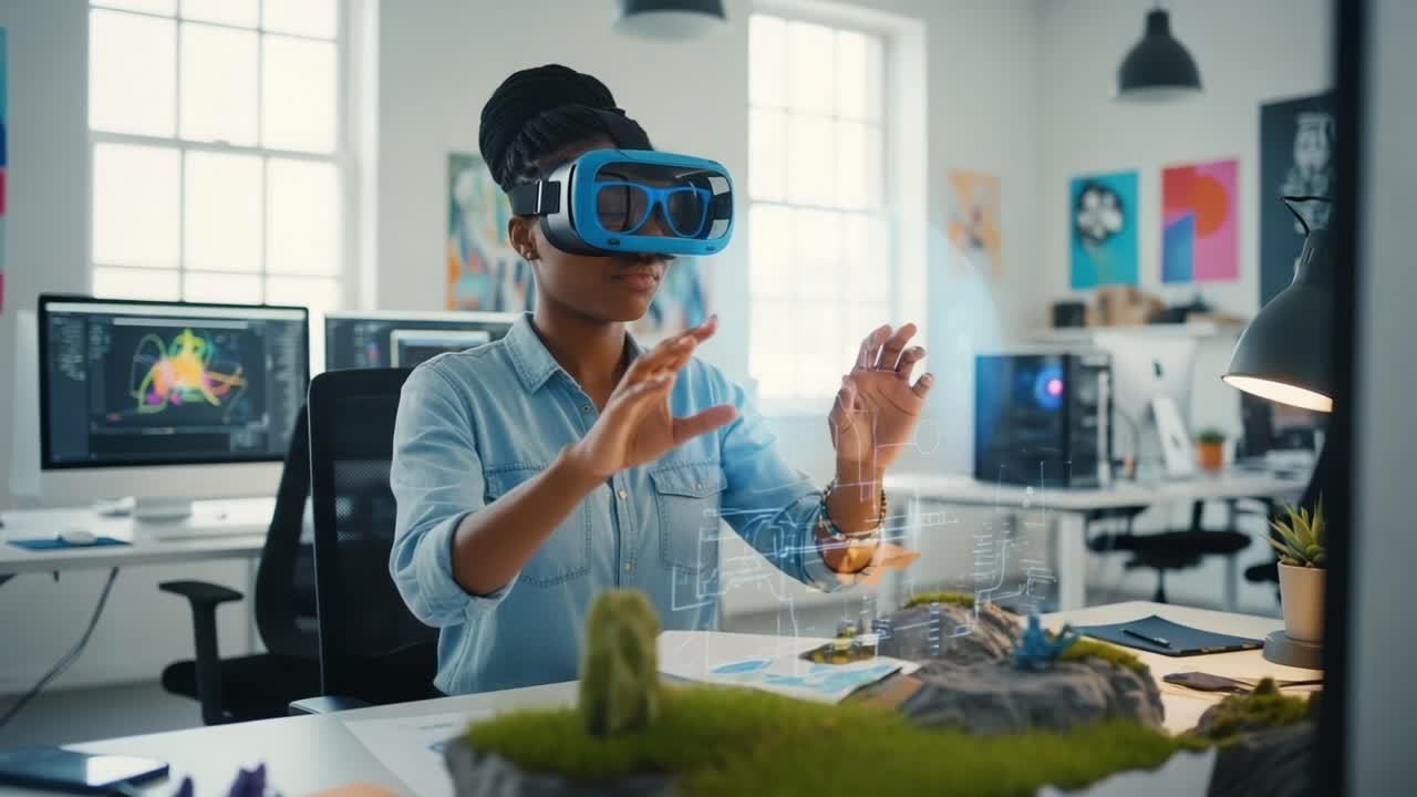 Exploring Virtual Reality: A User Engaged in Augmented Interactions with Holographic Interfaces and 3D Models in a Modern Workspace Setting