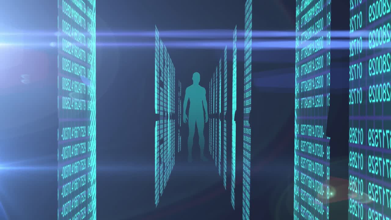 Animation of binary coding and data processing over human body