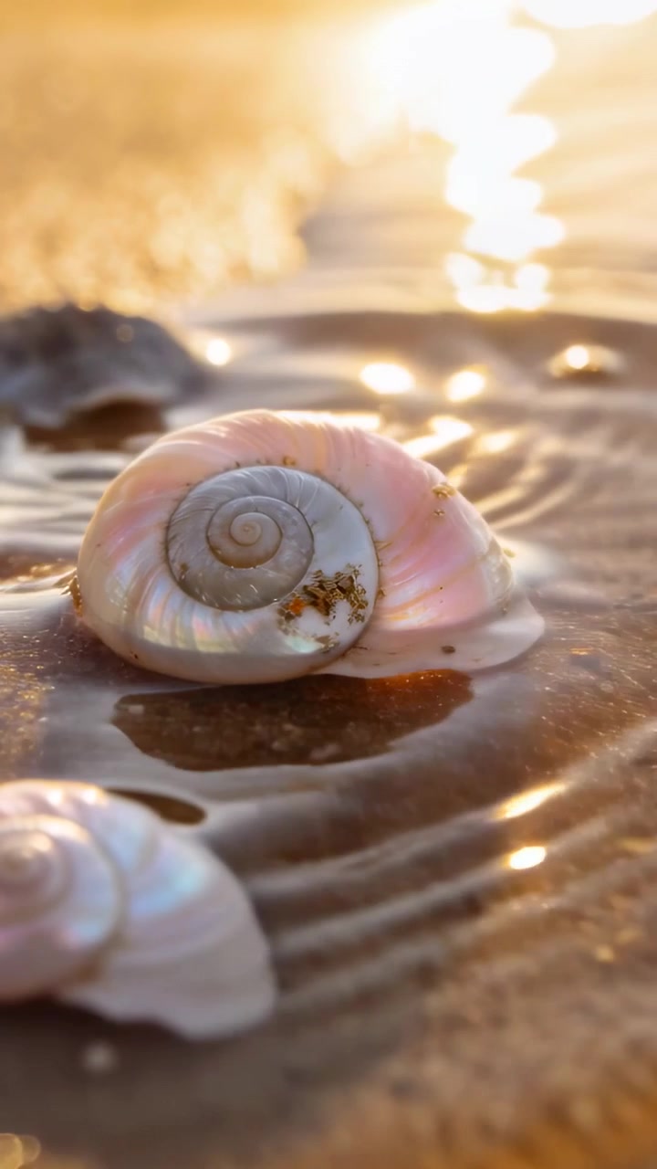 Vertical video: Small wave making tidal water lapping spiral shell on shore, left shell, sun glare