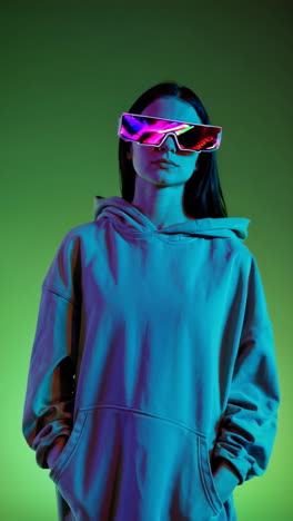 young woman in futuristic reflective glasses with neon lighting