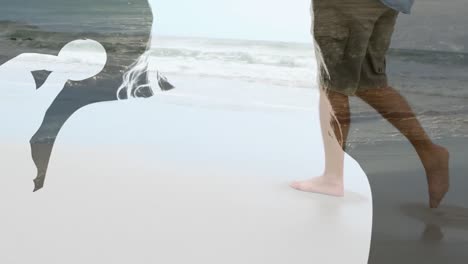 animation of silhouette of woman over caucasian man walking on beach