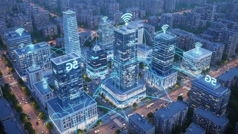 aerial view of a futuristic smart city showcasing high-tech buildings and connected wireless networks for enhanced urban connectivity and efficiency