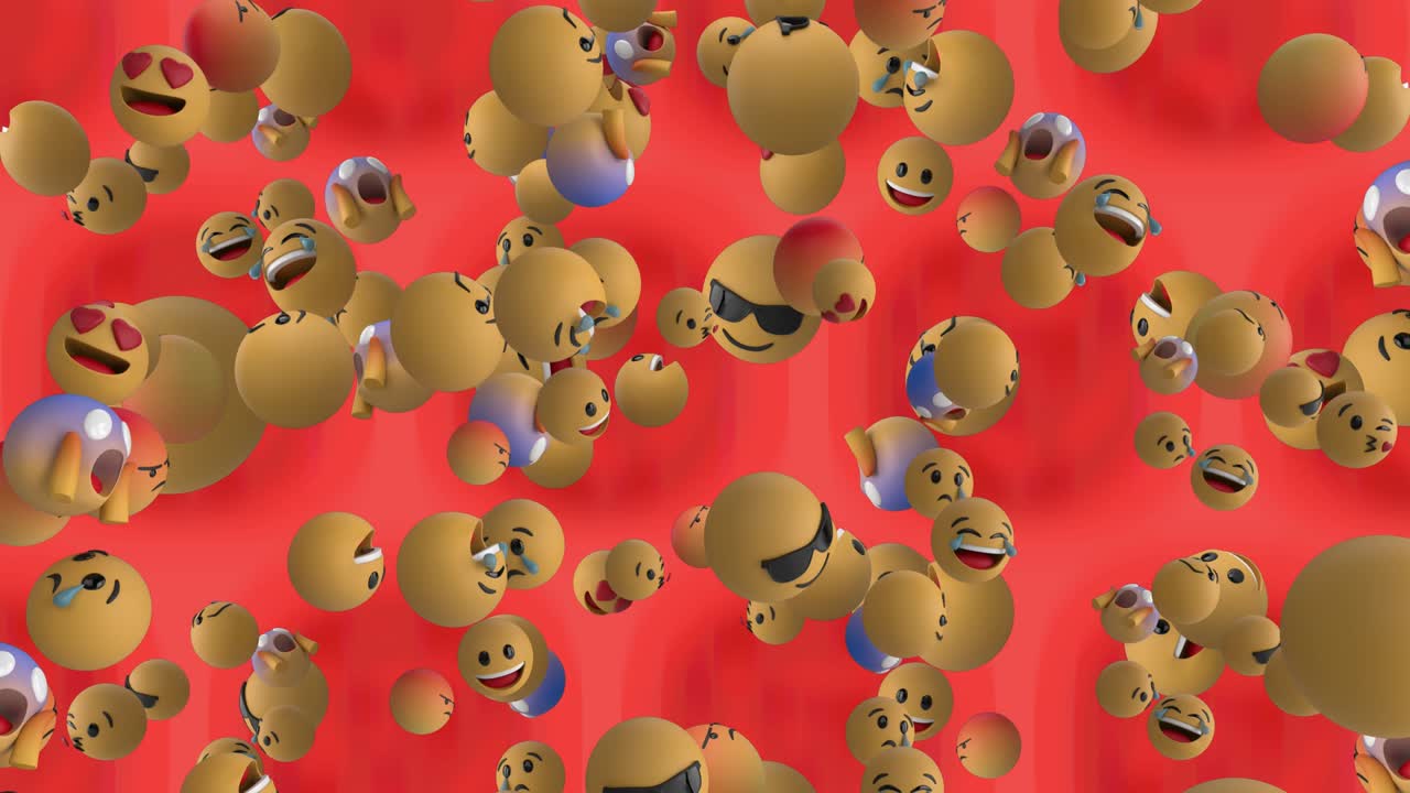 animación de iconos emoji flotando sobre un fondo rojo