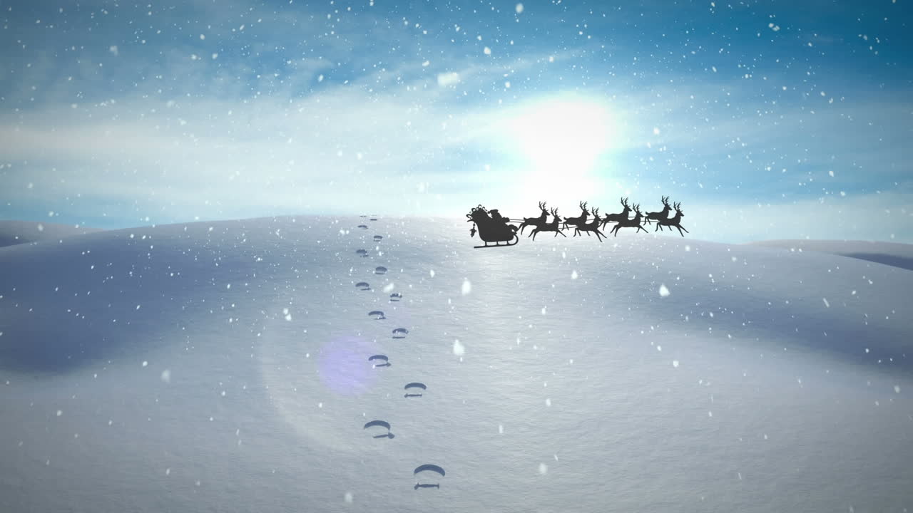 animación de santa claus en trineo con renos que pasan sobre un paisaje invernal nevado