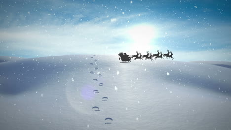 animation of santa claus in sleigh with reindeer passing over snowy winter scenery