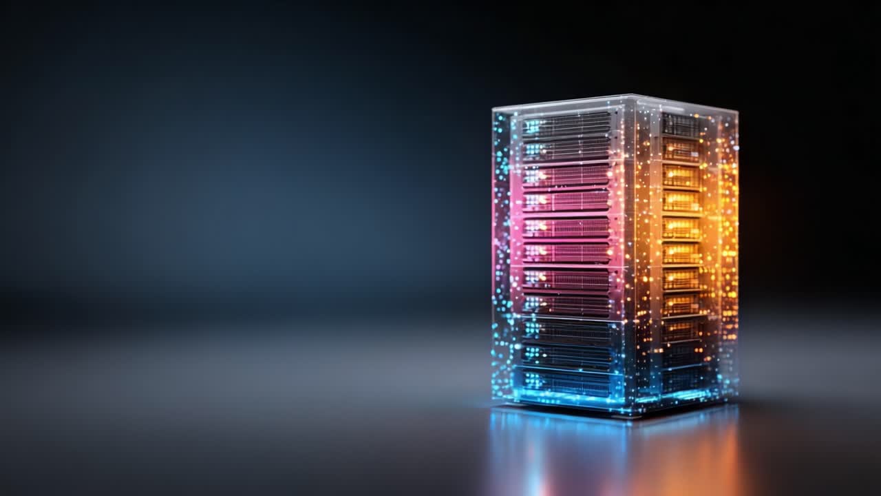 A High-Tech Server Tower Showcasing Dynamic Lighting and Advanced Computing Power in a Minimalist Environment