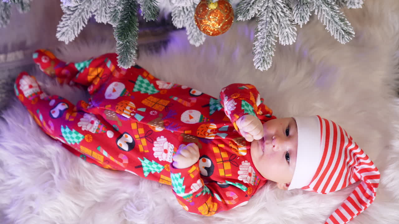 Lovely child in red clothes and elf hat lies on soft plaid under Christmas tree. Cute little boy tosses his fists and feet. Top view.