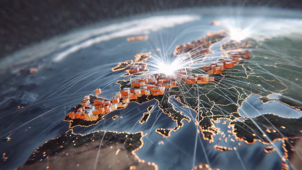 Dynamic Visualization of Global Shipping Routes Over Europe with Illuminated Cargo Ports and Data Connectivity