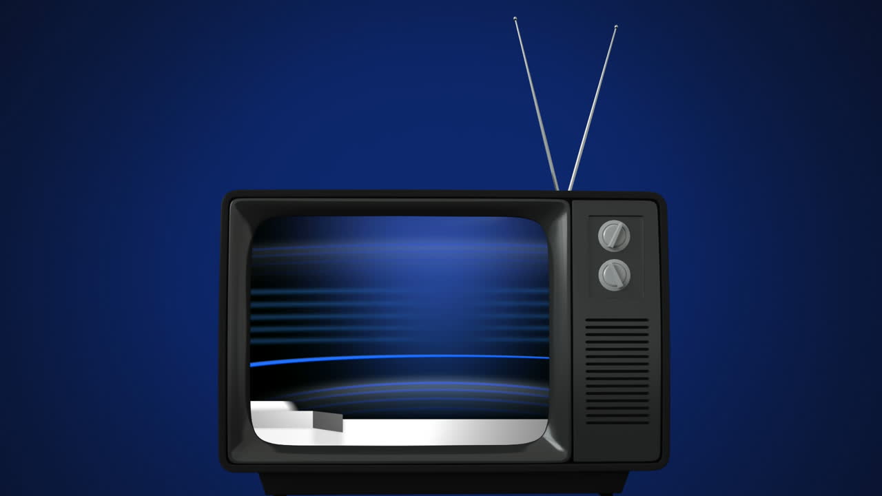 Schermo TV di notizie vintage con la scritta 'Notizie false' in blu e grigio