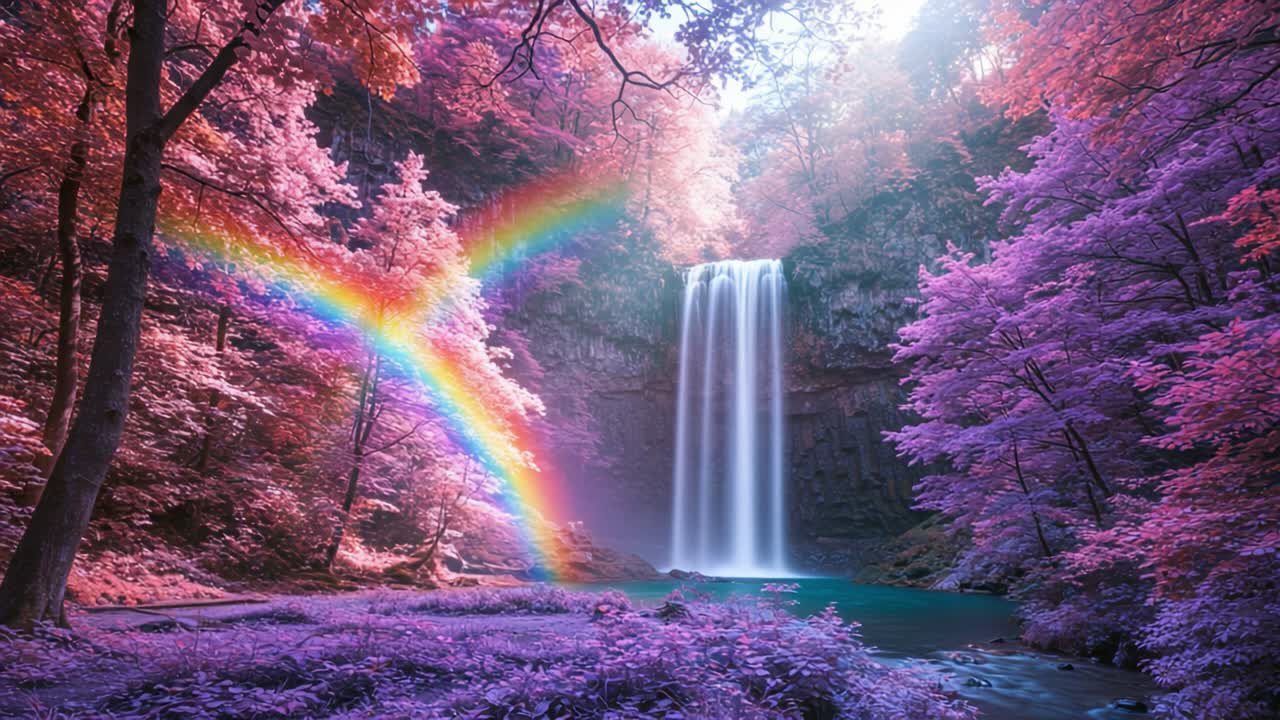 A Serene Waterfall Surrounded by Vibrant Purple Foliage and Stunning Rainbows, Capturing the Essence of Nature’s Beauty and Tranquility in a Dreamlike Landscape