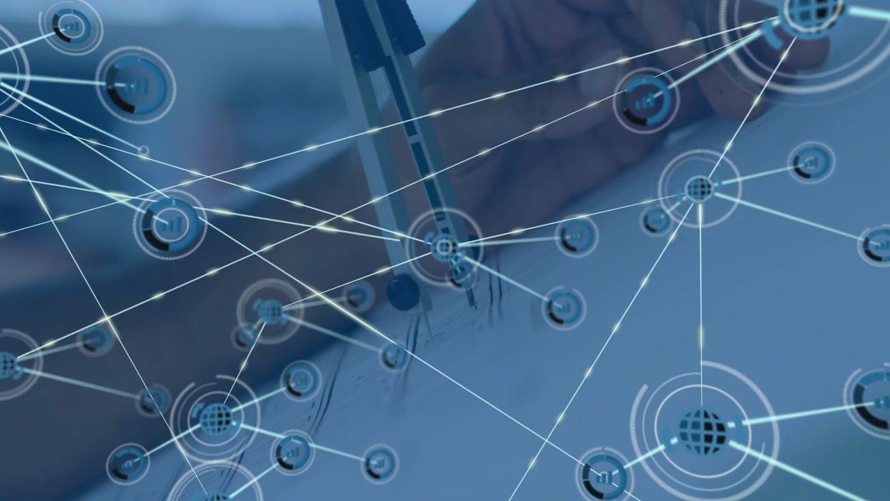 Male hand moving compass node appearing at tip showing growing tech network covering paper and hand