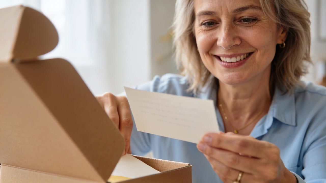 Mujer con camisa azul levantando la tapa de una caja al llegar un paquete, leyendo una tarjeta de agradecimiento en casa