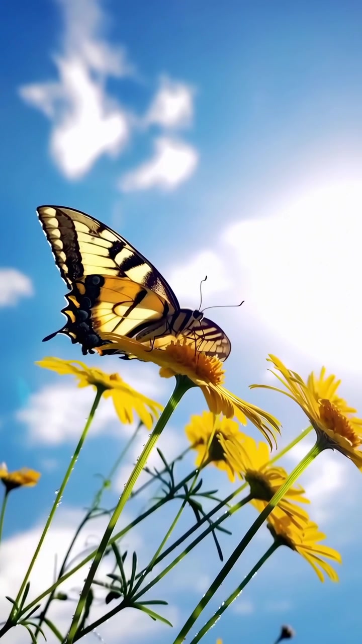 Farfalla a coda di rondine posata su un fiore giallo contro un cielo blu