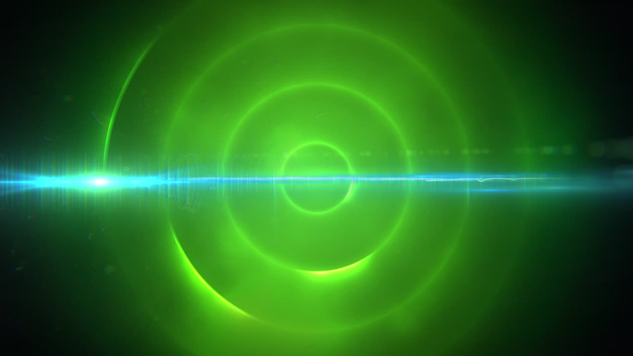 블루 이그트 트레일의 디지털 애니메이션과 검은색 배경의 녹색 나선형 빛 트레일