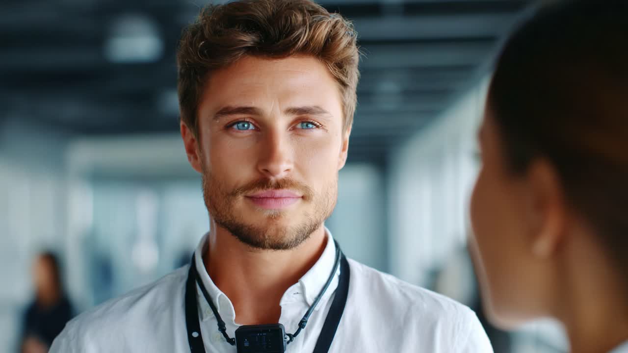 Engaging Conversation: A Focused Young Man with Striking Blue Eyes Communicates in a Contemporary Office Setting with Impressive Lighting and Professional Vibe
