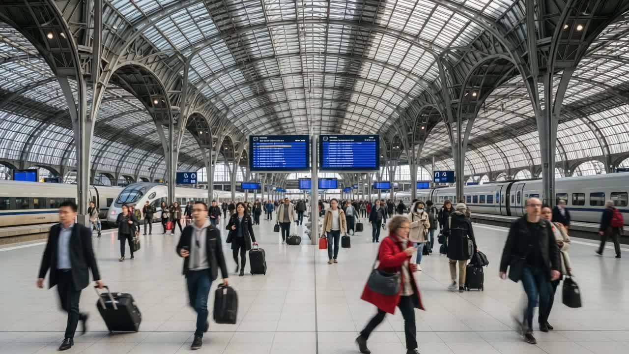 A Bustling Train Station Scene Capturing the Movement of Travelers with Luggage Beneath a Grand, Architecturally Stunning Canopy of Glass and Steel