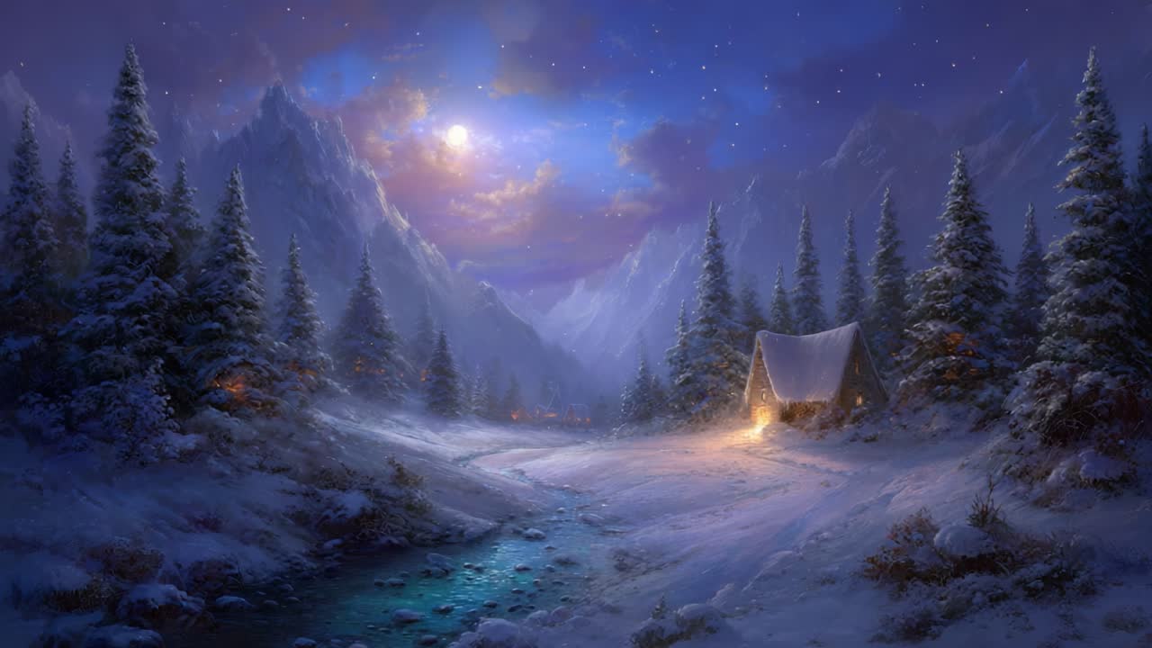 A Serene Snowy Landscape at Night Featuring a Cozy Cabin Surrounded by Majestic Mountains, Pine Trees, and a Glistening Stream Under a Starry Sky
