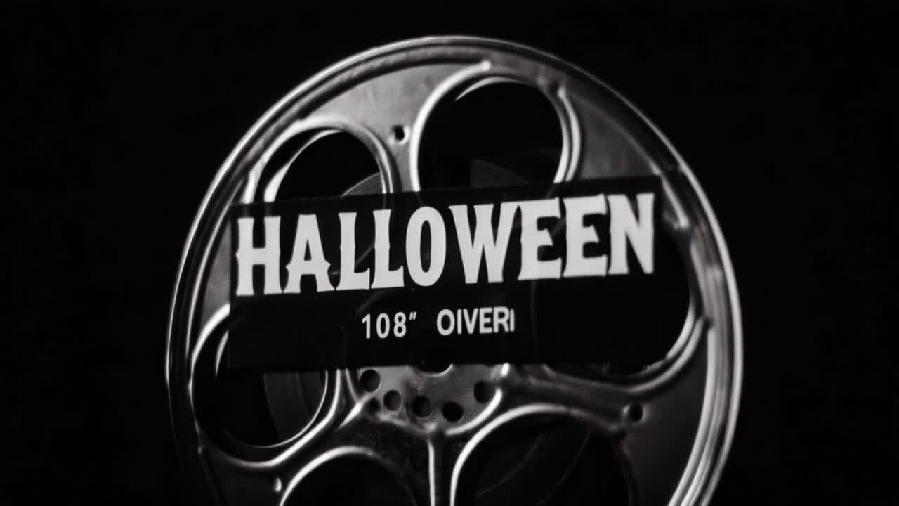 Classic black and white 35mm film reel for a Halloween horror movie spinning on a projector against a dark background, evoking a sense of old cinema, nostalgia, and suspenseful entertainment